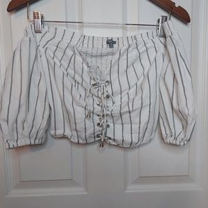 Charlotte Russe White Railroad Stripe Off Shoulder Crop Top Ruched Lace Up Sz XS